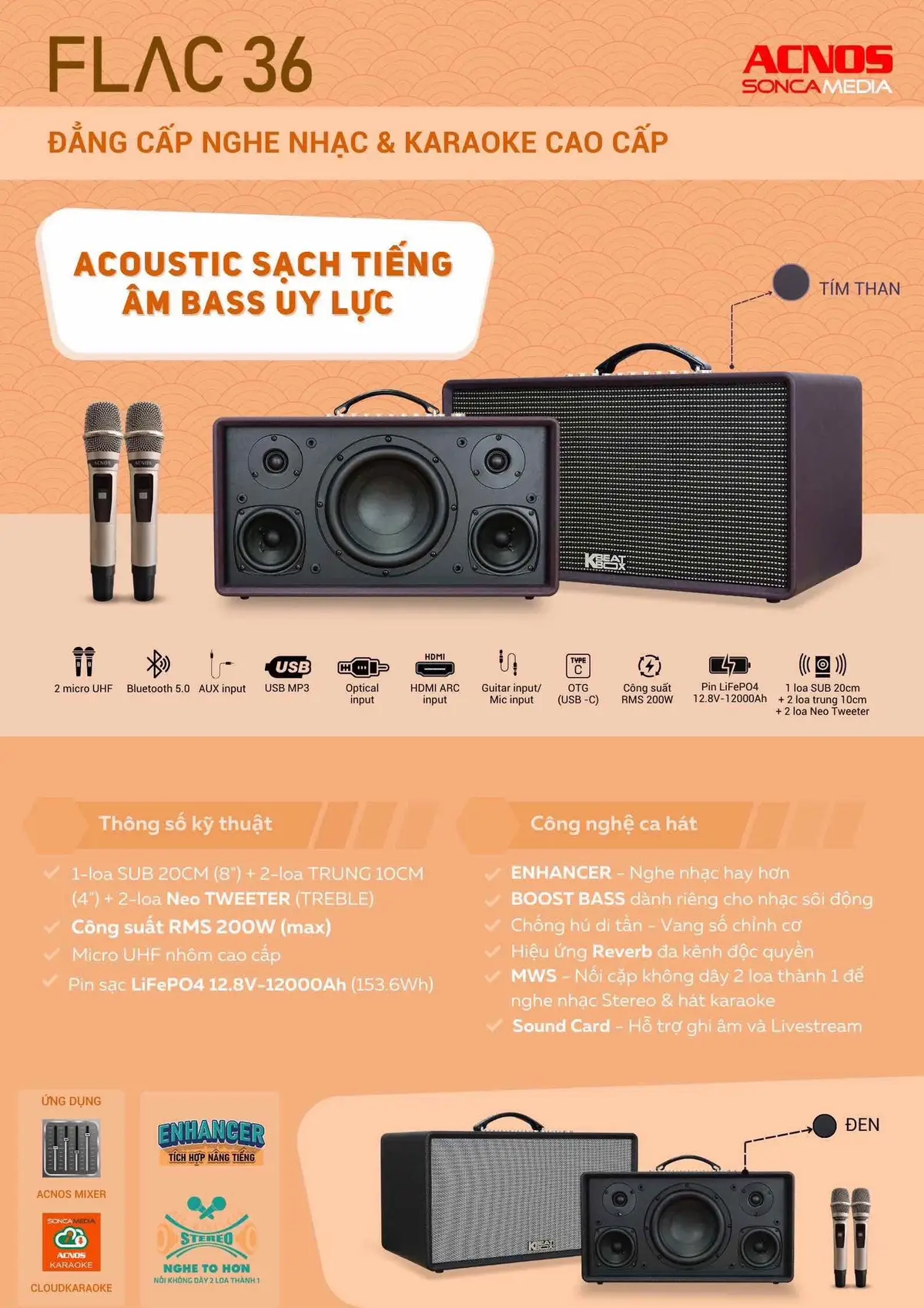 ACNOS FLAC 36 Thông số kỹ thuật chi tiết Bass Sub 20cm - 2 Treble - 2 Trung • Công suất 200W, •Bluetooth, • Kèm 2 Micro UHF không dây •Bluetooth cổng vào UBS, Optical, Aux, HDMI Arc,