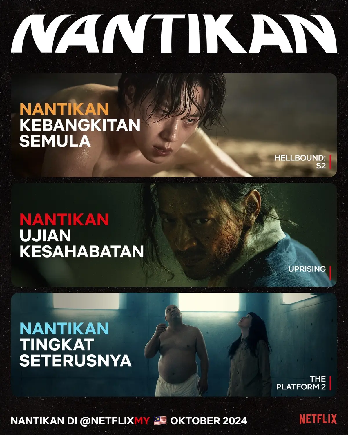 Sekelip mata je bulan September dah lalu 👁️ Tapi tak payah nak stress. Dari sekuel filem yang dinantikan, ke musim baharu untuk siri kegemaran korang, ada banyak je untuk #NantikanDiNetflix pada bulan Oktober 2024 ini 🔥