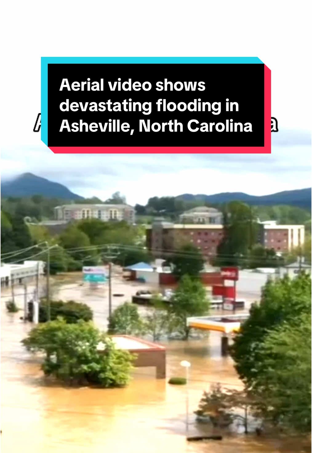 Aerial footage captures the extensive flooding in Asheville, North Carolina, as Helene submerged buildings and caused large-scale destruction. Floodwater turned roads into rivers while debris littered roads and around stores. #helene #hurricane #hurricanehelene #northcarolina #asheville #hurricaneseason 