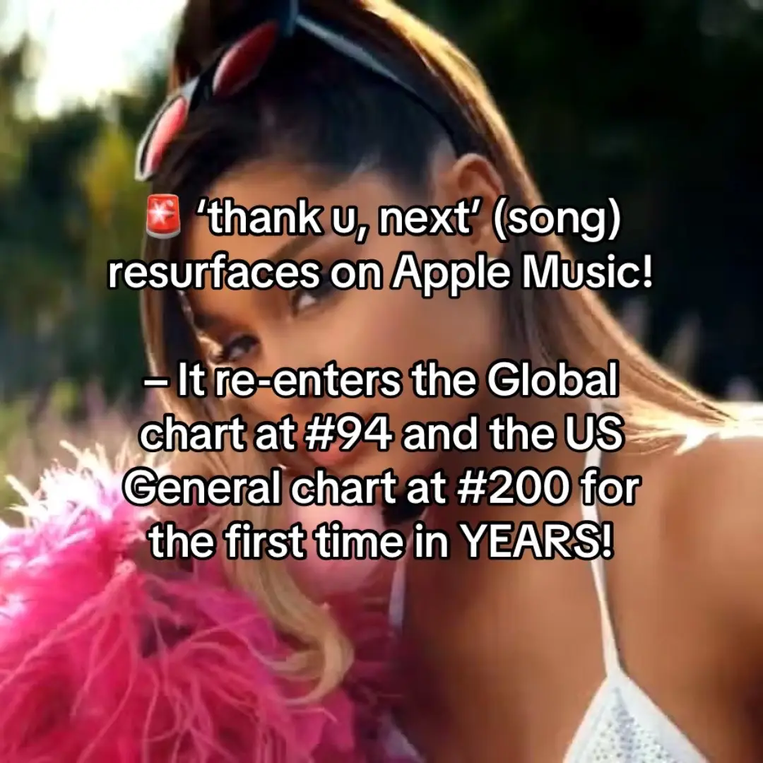 ‘thank u, next’ (song) resurfaces on Apple Music! – It re-enters the Global chart at #94 and the US General chart at #200 for the first time in YEARS! #arianagrande #appelmusic #streams #thankunext 