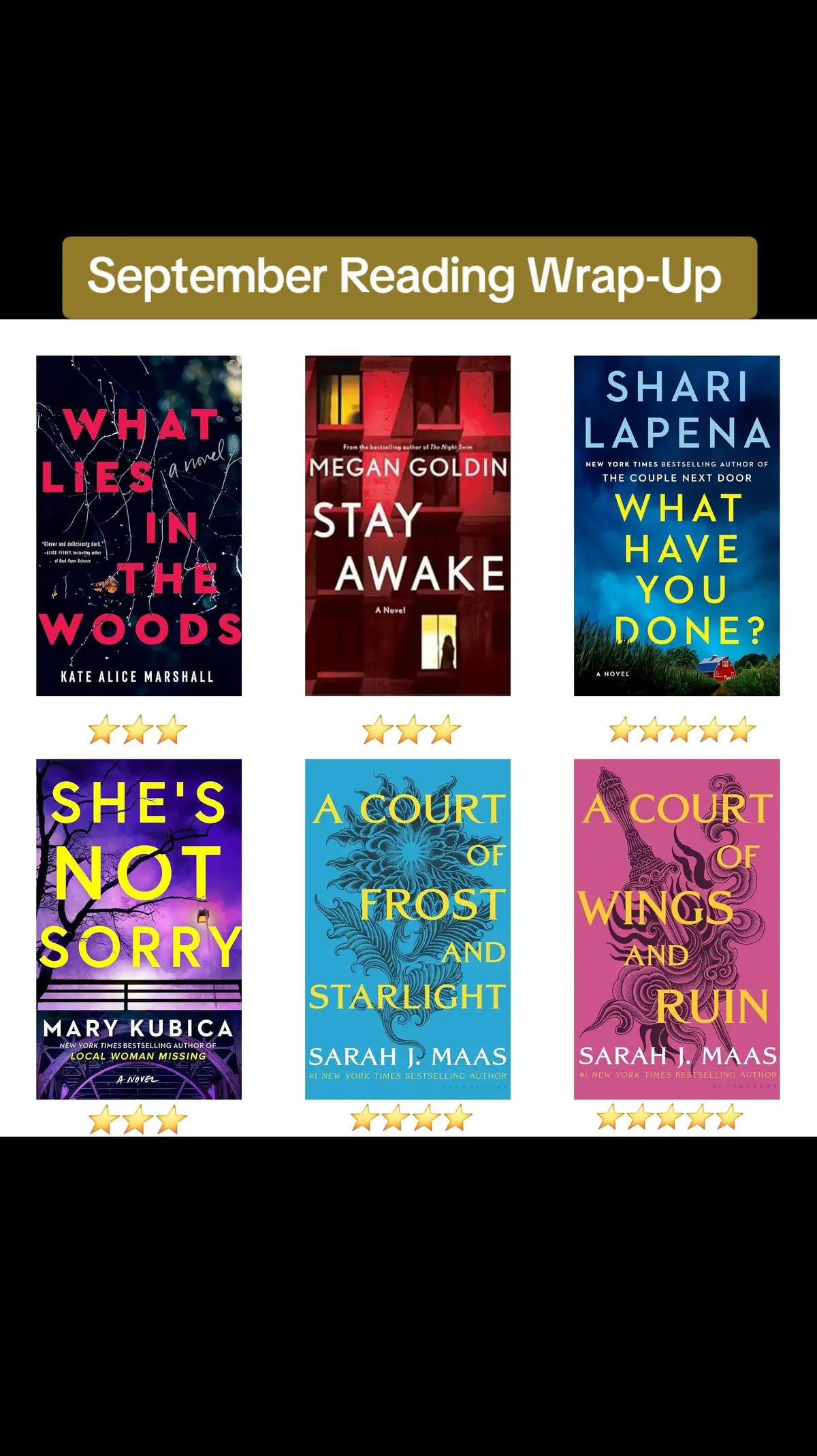 My September reads! This is my first time doing this. I'm trying to be more consistent with my postings lol pretty good reading month though! I'm a slow reader and usually only do about 2 a month 😅 what did you'll read this month? #books #BookTok #septemberrecap #septemberreads #whatliesinthewoods #stayawake #whathaveyoudone #shesnotsorry #acofas #acowar 