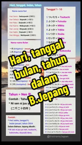Cara menyebutkan :  Nama-Nama Hari, tanggal, bulan, tahun dalam Bahasa Jepang.  #iroironajapan  #nihongo  #bahasajepangdasar  #bahasajepangpemula  #bahasajepangotodidak 