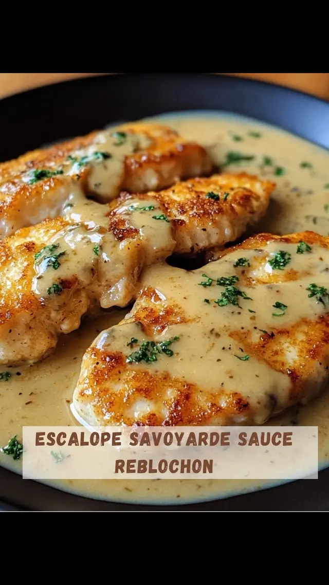 Escalope Savoyarde Sauce Reblochon Ingrédients : 1 oignon 🧅 1 gousse d’ail 🧄 1 cuillère à soupe d’huile d’olive 🫒 Escalope Savoyarde Sauce Reblochon Ingrédients : 4 escalopes de poulet  150g de reblochon  200ml de crème fraîche  1 oignon 🧅 1 gousse d’ail 🧄 1 cuillère à soupe d’huile d’olive 🫒 Sel, poivre 🧂 Persil frais pour la garniture 🌿 Instructions : Préchauffage du four : Préchauffez le four à 180°C. Cuisson des escalopes : Dans une poêle, faites chauffer l’huile d’olive à feu moyen. Faites revenir les escalopes de poulet des deux côtés jusqu’à ce qu’elles soient bien dorées. Assaisonnez avec du sel et du poivre. Retirez les escalopes de la poêle et réservez. Préparer la sauce : Dans la même poêle, faites revenir l’oignon et l’ail émincés jusqu’à ce qu’ils deviennent translucides. Ajoutez ensuite la crème fraîche et le reblochon coupé en morceaux. Remuez bien jusqu’à ce que le fromage soit entièrement fondu, formant une sauce crémeuse. Cuisson au four : Remettez les escalopes dans la poêle et enrobez-les bien de sauce. Transférez la poêle (ou un plat allant au four) au four et laissez cuire pendant 15 à 20 minutes, jusqu'à ce que les escalopes soient tendres et bien imprégnées de la sauce. Service : Servez les escalopes chaudes, garnies de persil frais pour une touche de couleur et de fraîcheur. Temps de préparation : 30 minutes Calories : Environ 550 kcal par portion Bon appétit !