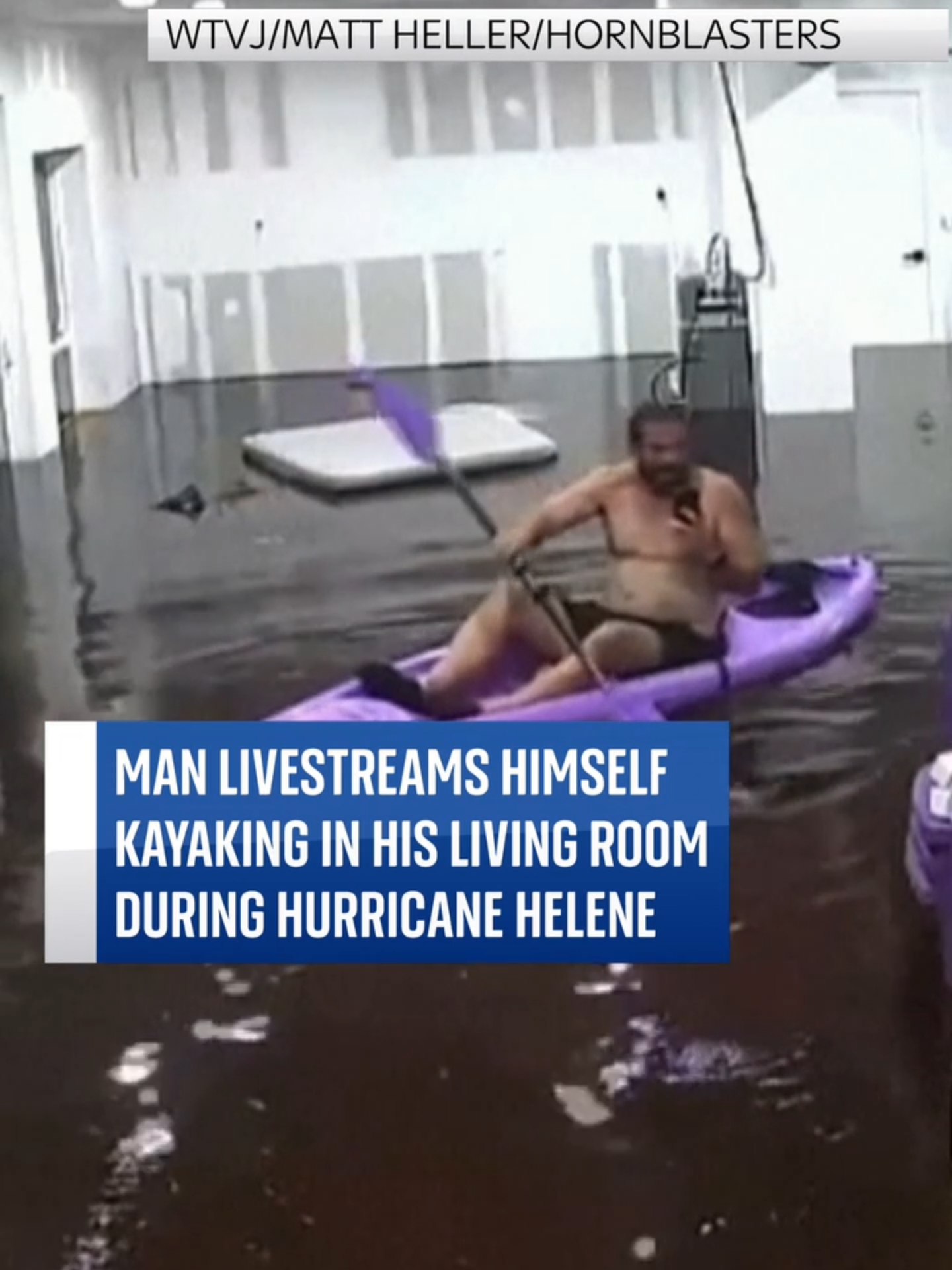 A man from Tampa, Florida, livestreamed himself kayaking in his living room as floodwater kept rising after Hurricane Helene. #floods #hurricanehelene #florida #tampa