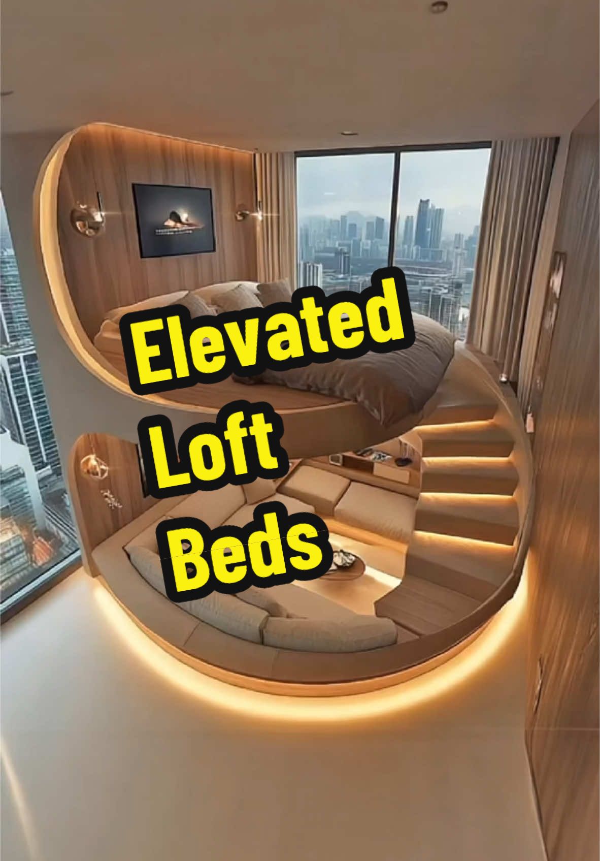 Incredible elevated loft beds that have a lounge area below! This might be my dream bed! 😱😱 #interiordesign #cozy #aesthetic #homerenovation 