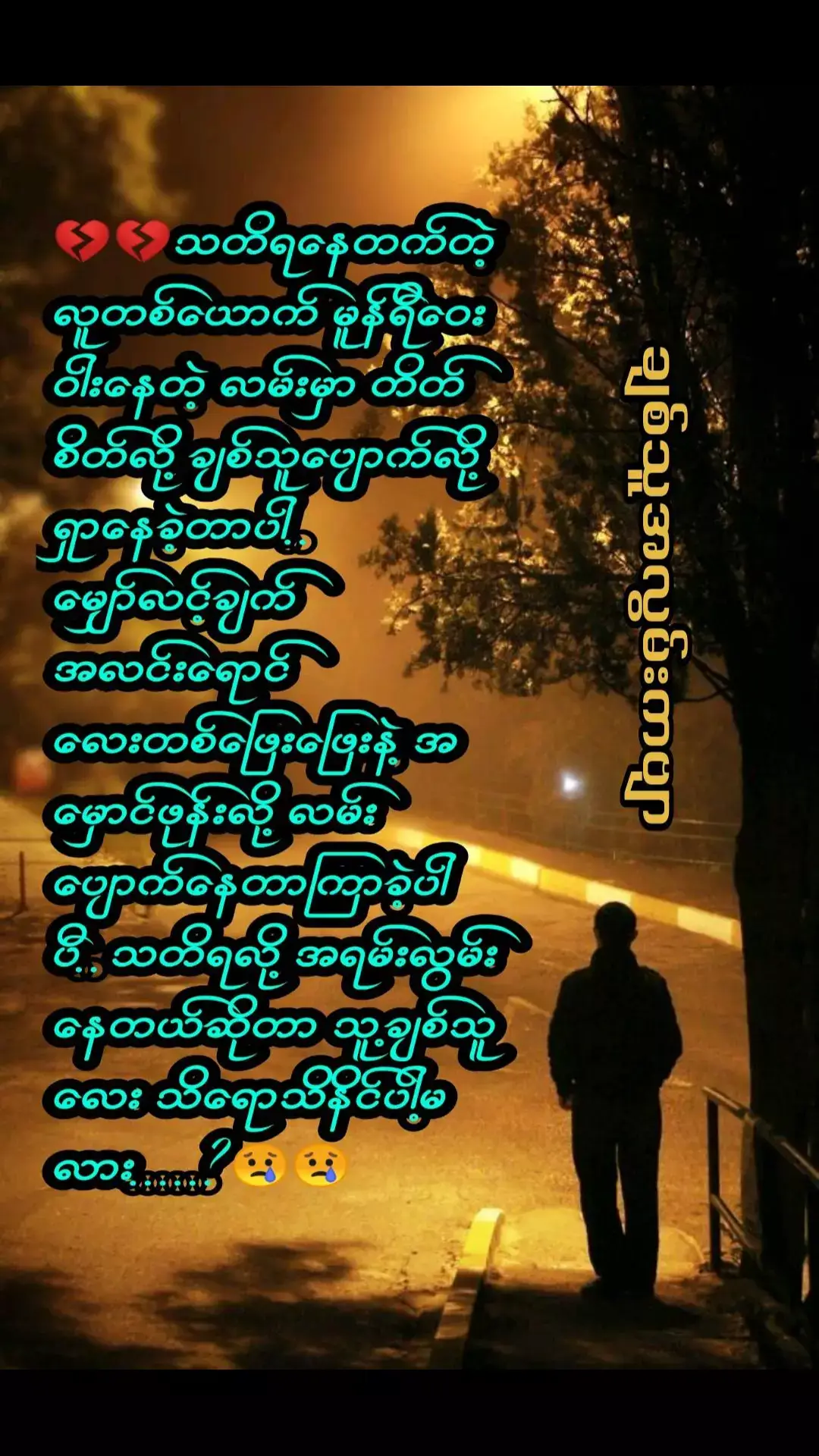 ❤️❤️နားလည်မူ့လေးနဲ့ တော့ချစ်ခဲ့တာပေါ့.. တစ်နယ်စီးခြားနေတာ နားလည်ပါတယ်.. ဝေးနေရတာကိုလည်း သိနေတာမို့ မမြင်နိင်တဲ့ အိမ်မက်တွေ့ ကြုံတွေ့လာမဲ့ အခတ်အခဲတွေက အများကြီးပါ။ နီးစပ်နိင်ခွင့်က အတွေးသာသာပါပဲ.. အချိန်ကြာလာတာနဲ့အမျှ  အေးစက်လာမဲ့ နှောင်ကြိုးလေးက ဆွေးမြေ့ပျက်စီးသွားမှာ ကြောက်နေမိတာပါ.. ပြန်လာမဲ့ ချစ်သူကိုမျှော်လင့်နေမိတိုင်း သက်ပြင်းလေးအခါခါ ချမိပါတယ်.. ပြန်လာမယ်ပြောခဲ့တဲ့ ချစ်သူရဲ့ စကားသံလေးက မရေမရာနဲ့ ဝါးတားတား ပုံရိပ် တစ်ခုလို မပီပြင်တော့တဲ့ ဆေးချက်တွေအောက်မှာ ပျောက်ကွယ်သွားမှာ ကြောက်နေခဲ့တာပါ.. အခုချိန်ထိ မျှော်လင့်ချက် တစ်ခု ကို ရင်မှာပိုက်ရင်း တစ်ချက်တစ်ချက် ရင်ခုန်သံတွေ မူမမှန်တော့ပါဘူး.. တစ်ရက် တစ်ရက်နဲ့ အချိန်တွေ နေဝင်သွားပြန်ပီ။ စောင့်မျှော်နေရသူတစ်ယောက်ကတော့ အခုထိ ရောက်မလာနိင်သေးတဲ့ ချစ်သူရဲ့ စကားသံလေးနားစွင့်နေရတုန်းပါပဲ..💔💔 #ချစ်သူအလွမ်းကဗျာ 