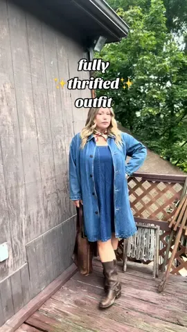 Double denim and skirts as dresses all autumn long 🤎🌀 ##thriftedoutfits##thriftedoutfit##thriftedfashion##outfitideas##wiwt##fitspo##outfitinspo##falloutfits##fryeboots##denim##doubledenim##denimtrenchcoat##skirtasadress##fyp##foryou