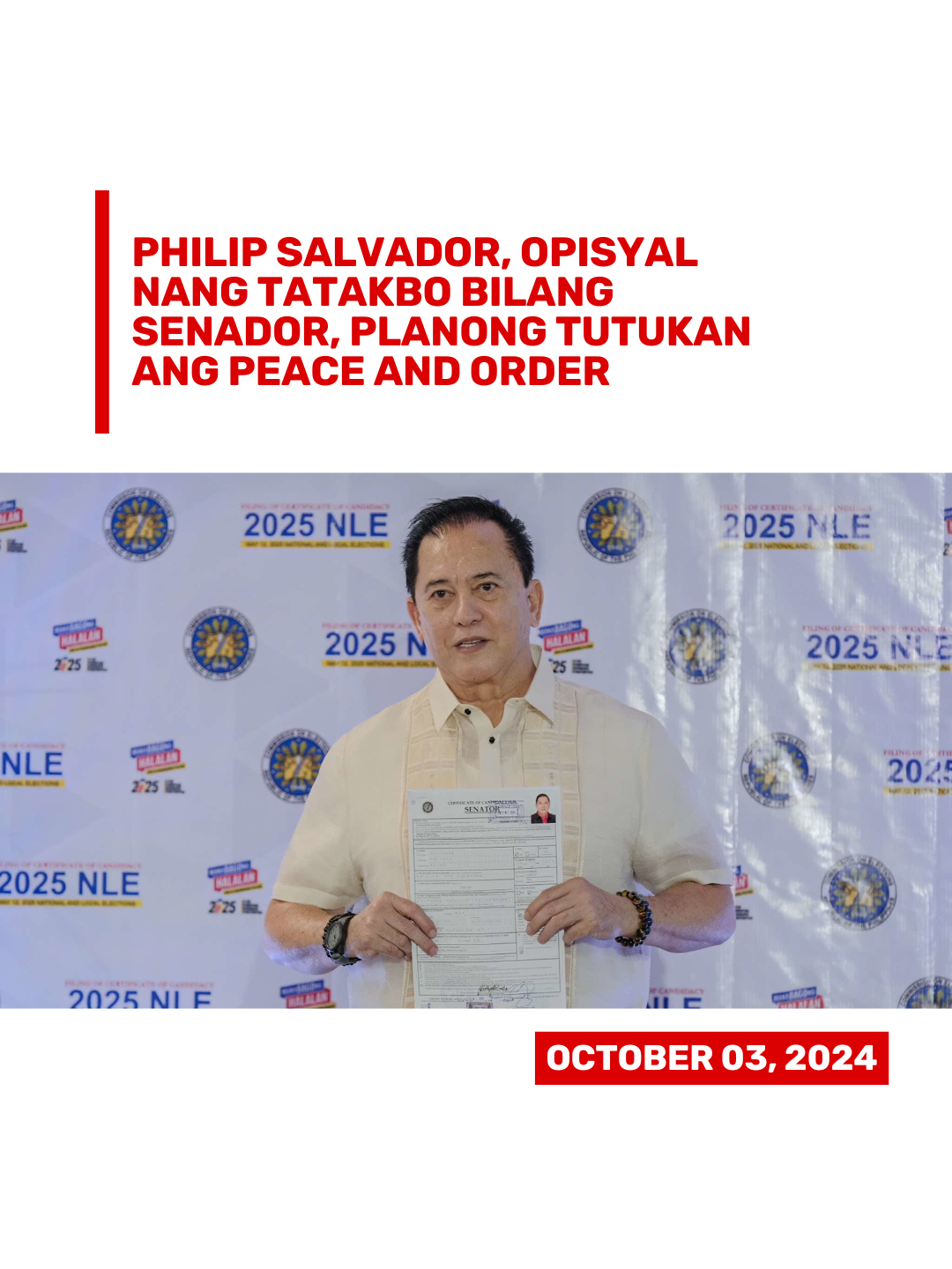 Opisyal nang nagsumite ng certificate of candidacy bilang Senador ang dating action star na si Philip Salvador. Aniya, magiging plataporma niya ang pagtaguyod sa kapayapaan at kaayusan gayundin ang paglaban sa krimen. #fyp #balita #news #newsph #socialnews #SocialNewsPH #tiktoknewsph #politics #pilipinas #senate #senator #philipsalvador #duterte #eleksyon2025 #halalan2025 