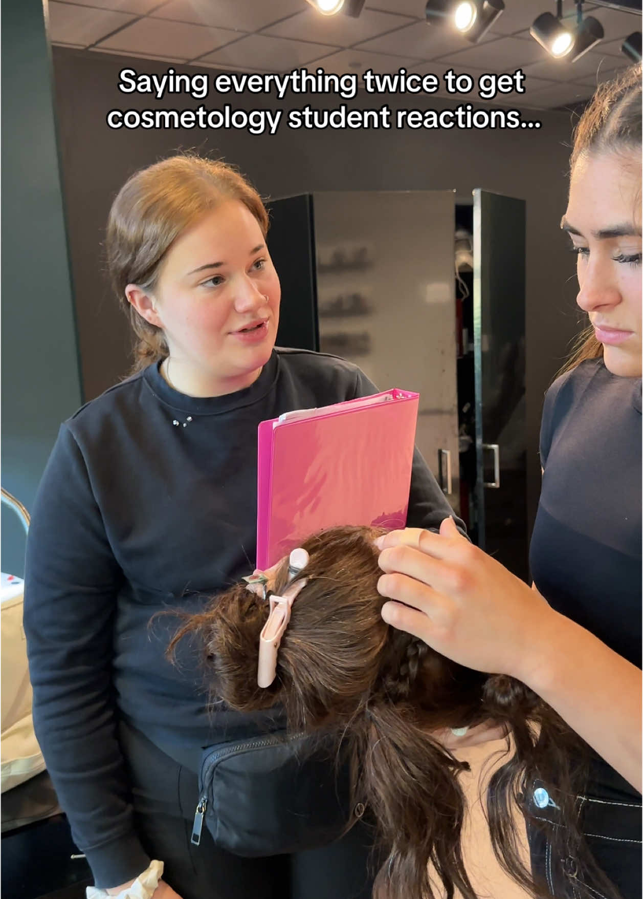 ✨PART 4✨ repeating everything twice…#pranks #reaction #repeatingmyself #beautyschool #hairsalon #hairstylist #salon #cosmetology#lucyseitz #braids #cornrow #gel #manicure