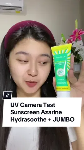 Replying to @Lissa Florencia Rekomendasi sunscreen buat normal to oily skin, ringan, no whitecast, dan isinya banyak + affordable bgt! Sekalian aku test UV Camera dari Sunscreen Azarine Hydrasoothe SPF 45 PA+++ #sunscreen #azarine 