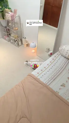 Membalas @winz🐸  Aku pakai warna vanilla anti slip back (gel) ukuran 200x300. Kalo mau beli karpet juga, jgn lupa ukur dulu space yang mau dipasangin 💗 #RoomTour #roomdecor #dekorasikamar #makeoverkamar #aestheticroom #homedecoration #vanillagirlaesthetic #whiteaesthetic #cleangirlaesthetic #girltherapy 