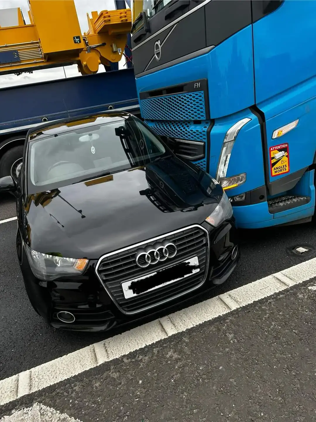 Car side swiped by truck with foreign plates on the motorway
