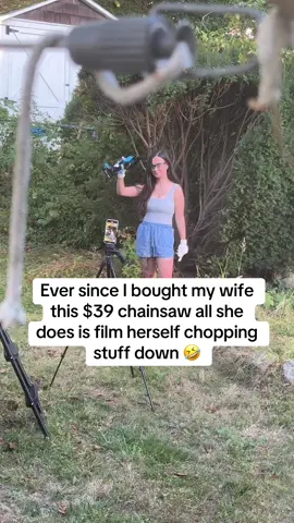 Ever Since i Bought my wife this Saker mini Chainsaw this is all she does! #Chainsaw #Gardening 