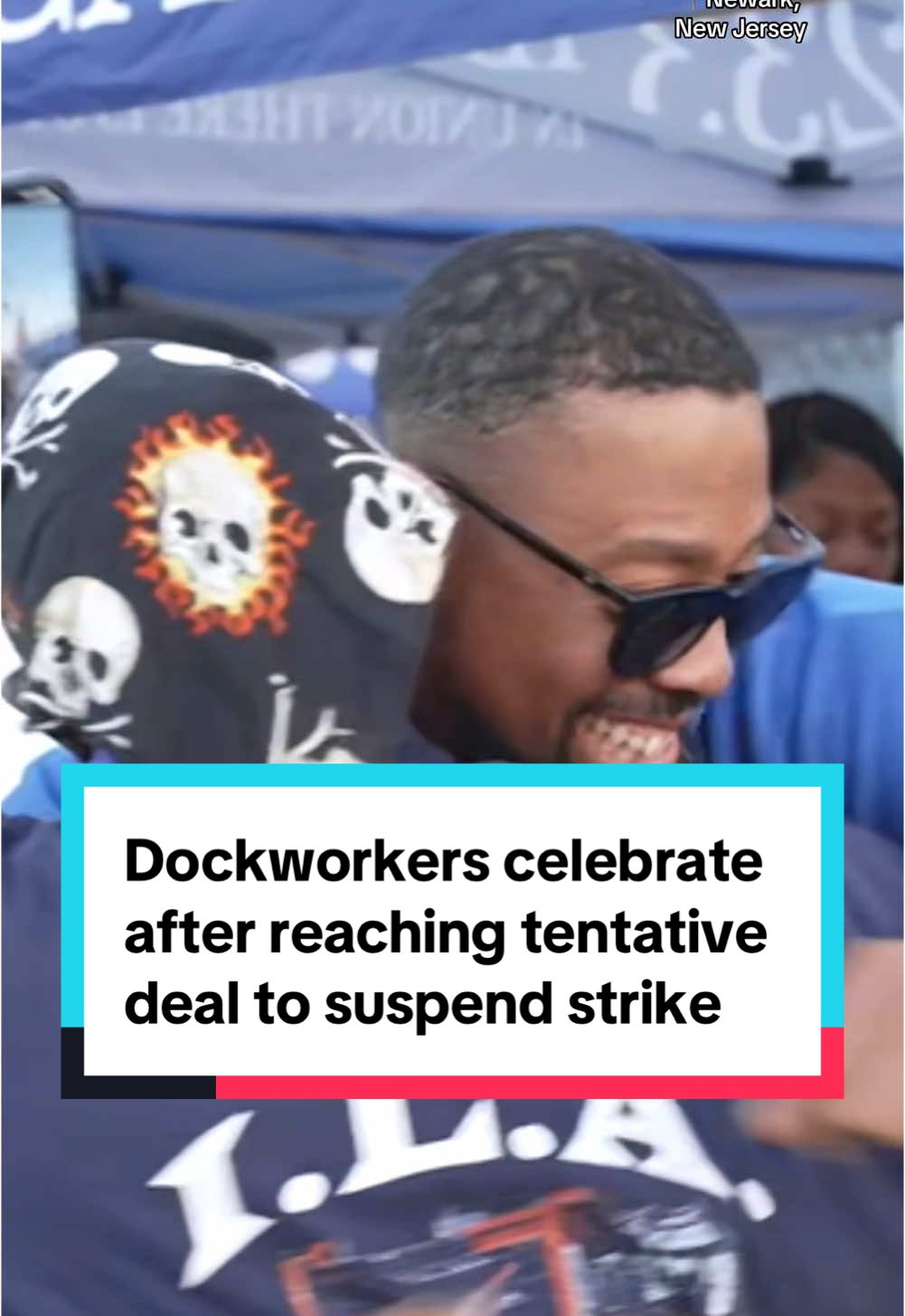 Dockworkers celebrated after the International Longshoremen's Association, the union representing dockworkers at the East and Gulf Coast ports, reached a deal to suspend its strike until Jan. 15 to negotiate a new contract. #dockworkers #union #newark #newJersey 