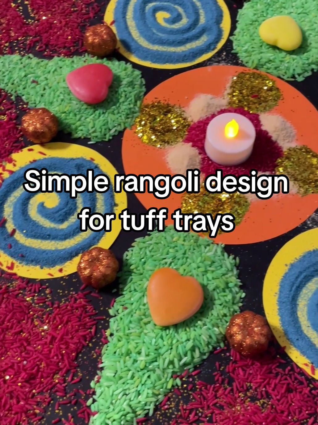 Easy rangoli design tuff tray activity for kids 🪔 Create patterns using dyed rice, salt, and mark making tools for this simple sensory play idea for kids. Practice fine motor skills and make rangoli patterns this Diwali! #SimpleRangoli #Rangoli #fyp #TuffTrayIdeas #TuffTrayActivities #DIY #Diwali #KidsActivities #TeacherTok #EasyDIY #TuffTray #Art #EYFS 