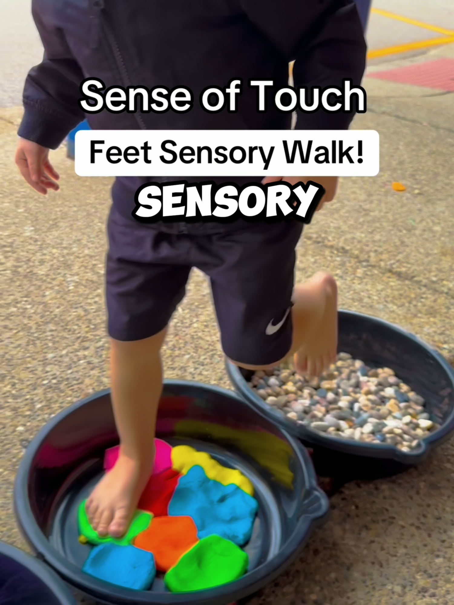 Students experience a feet sensory walk experiment for the first time! (📸: @preschoolvibes)