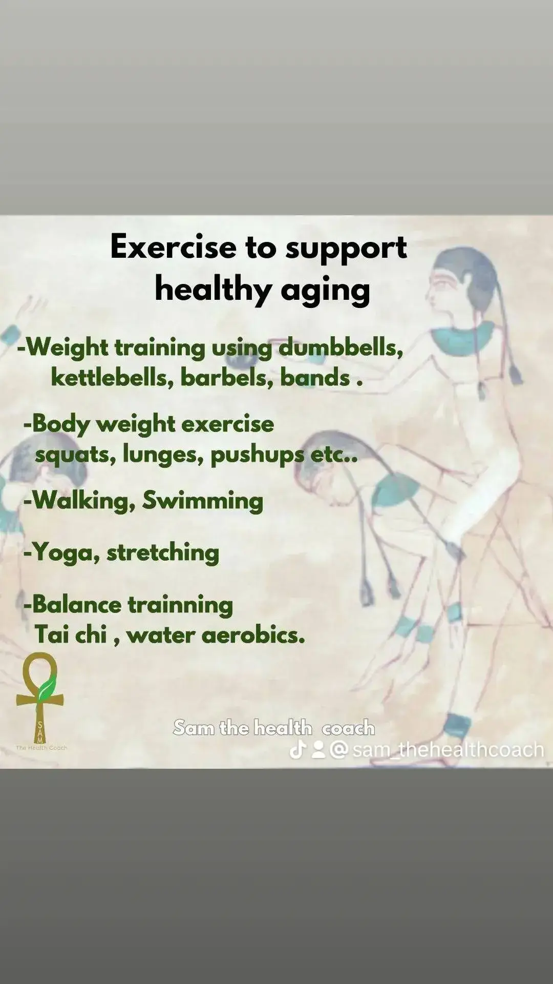 How to grow healthy. Regular physical activity is important at any age, but especially for older adults. Physical activity keeps muscles, joints, and bones healthy; reduces your disease risk; helps reduce your risk of falls and fractures; and more.⁠ #تغذية #النصيحه #samthehealthcoach #balancepoint #sports #excersise #streinght #MentalHealth #longevity #muscles #aging #savepalastine #style #life ##facts #helathylifestyle #brain_health #strong #dumbbells #squats #bands #pushup 