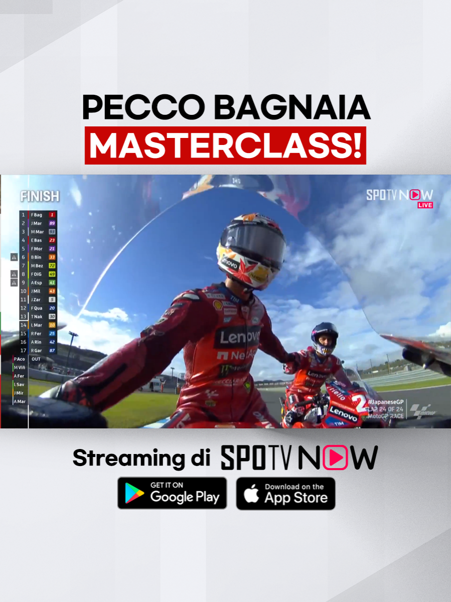 #MotoGP 🏍 -  Kelaaasss sekali Pecco siang ini! Memperkecil jarak dengan Martin jadi cuma 10 poin di Championship Standings! THE GAME IS STILL ON 🔥🔥🔥 #JapaneseGP #PeccoBagnaia Saksikan Balap MotoGP™ di SPOTV NOW! 🍎📱: https://bit.ly/spotvnow-id-ios 🤖📱: https://bit.ly/spotvnow-android 🖥️: https://bit.ly/spotvnow-id   Follow kami untuk konten EKSKLUSIF MotoGP™ lainnya! 🏍🏁 #SPOTV #SPOTVIndonesia