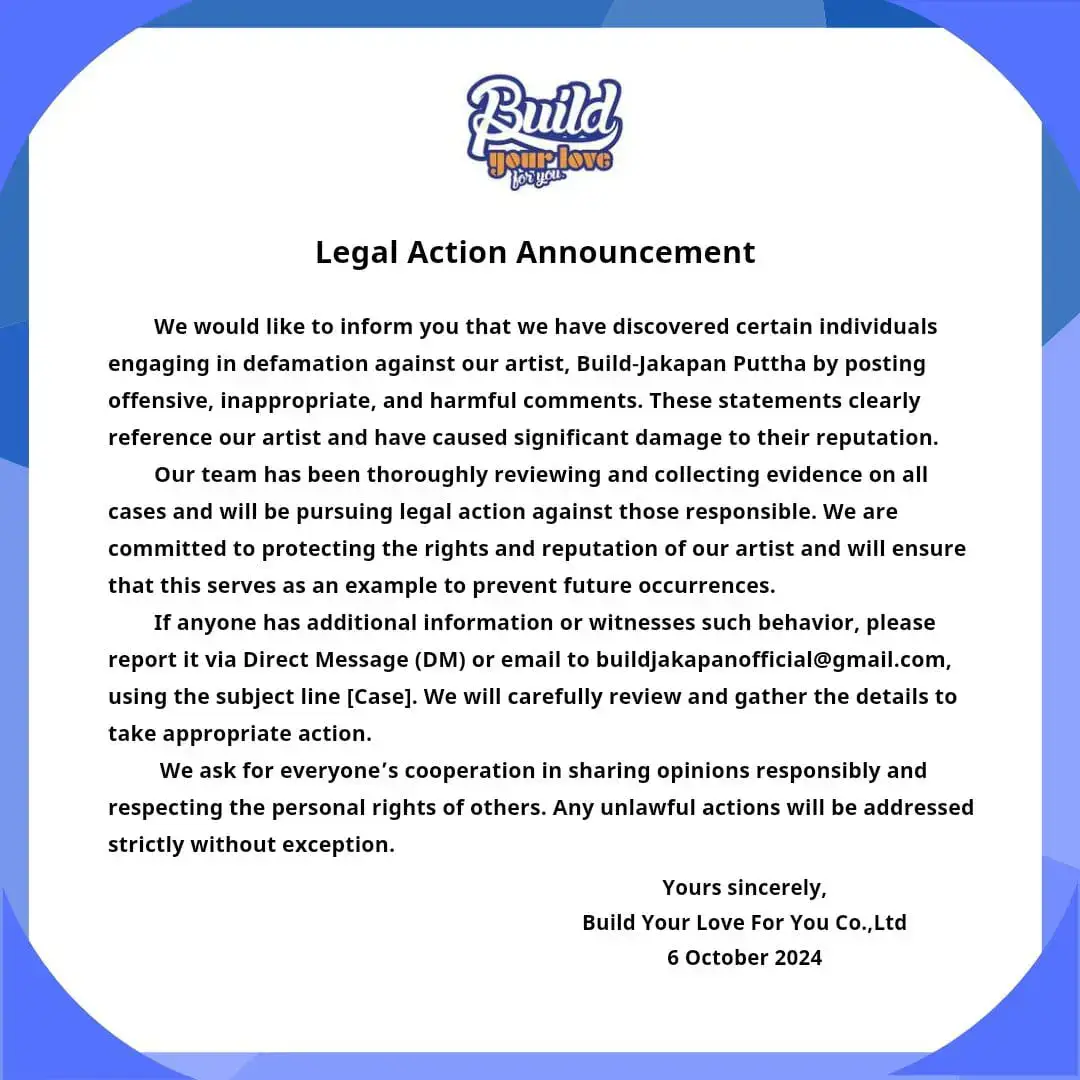 This is great! Thank you very much BYLFY🙏Now fans can participate in compiling evidence of people trying to ruin Biu's reputation. The report buttons on socmed just don't work anymore so legal action is the way to silence these haters💙🔥 #buildurluve #buildjakapan #beyourluve #thaiactor #thailand #jakeb4rever  #bubbles #buildjakapanputtha #raikantopeni #thulakorn #fypシ #xyzbca 