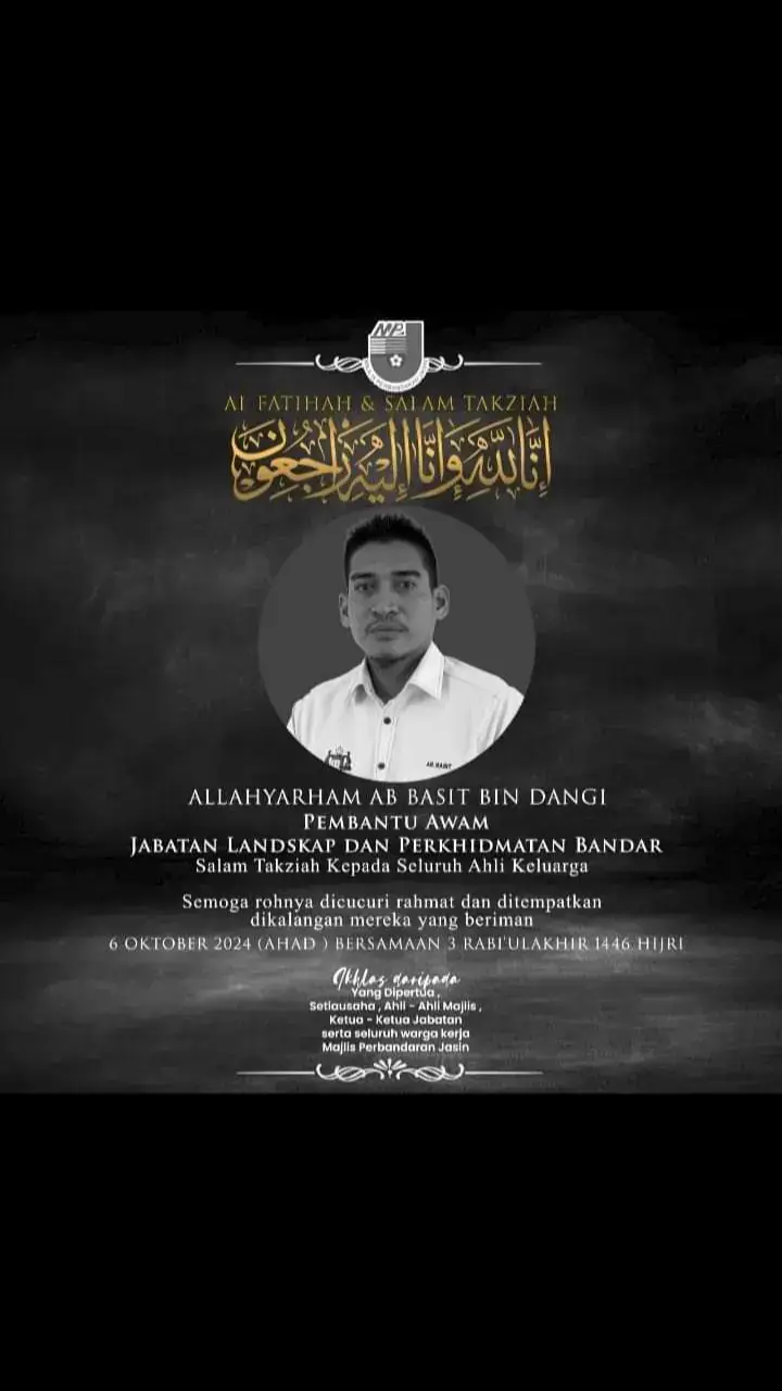 Salam takziah buat Majlis Perbandaran Jasin di atas kehilangan seorang pegawainya pagi ini.  Al-fatihah #fypシ 