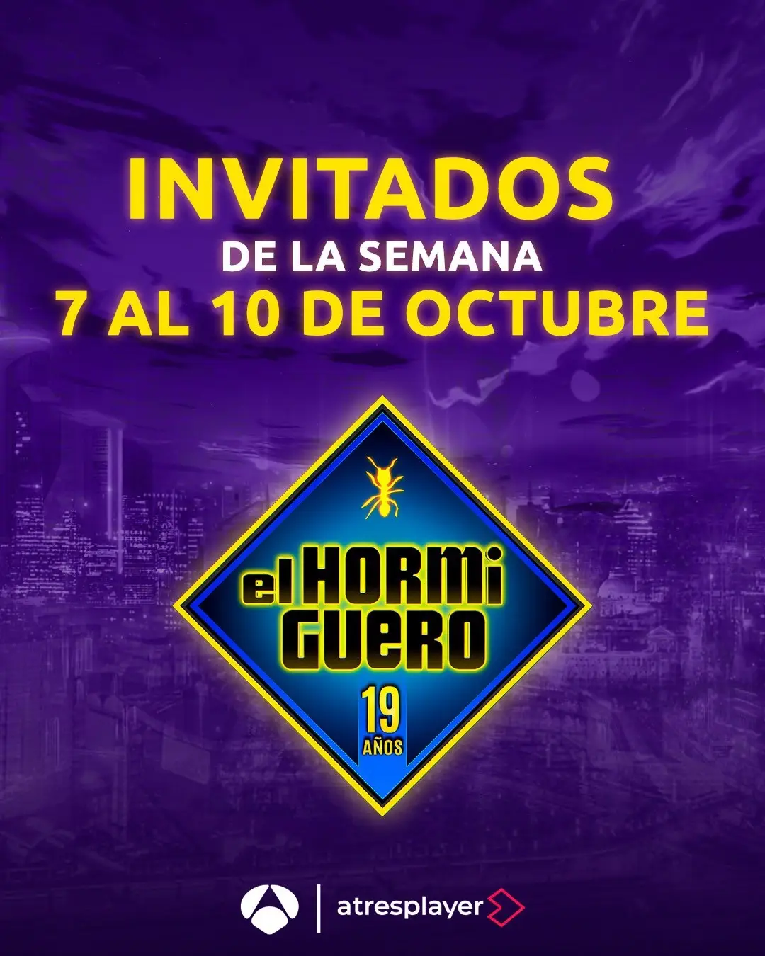 👐🏼 Otra semana que viene pisando fuerte en el programa más visto de la televisión.  👁️👁️ Estos son los invitados que vienen a visitarnos al #ElHormiguero: 👇 LUNES: Franco Colapinto MARTES: Carolina Yuste y Luis Tosar MIÉRCOLES: Ana Guerra JUEVES: Gloria Gaynor