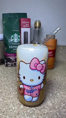 Iced caramel macchiato at home using the powerful milk frother ☕️ #fypage #coffee #coffeetiktok #icedcaramelmacchiato #hellokitty #milkfrother #homecoffee 