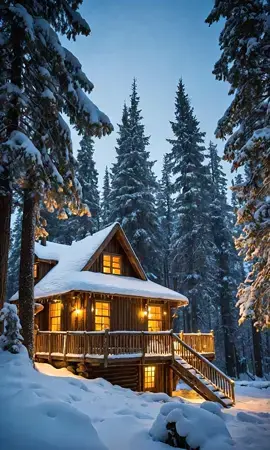 A rustic wooden house nestled deep in a snowy forest, where tall trees stand like guardians around it. The warm glow from the windows contrasts with the cold, snow-covered landscape, offering a perfect sanctuary for those seeking quiet and comfort during the winter months. #woodencabin #winterhome #forestcabin #snowyretreat #naturegetaway #wintervibes #woodlandescape #snowylife #winterparadise #snow #relaxing #relaxingvideos #nature #naturevibes #naturelover #snowcoveredtrees #rusticretreat #cozyvibes #snowescape #outdoorretreat