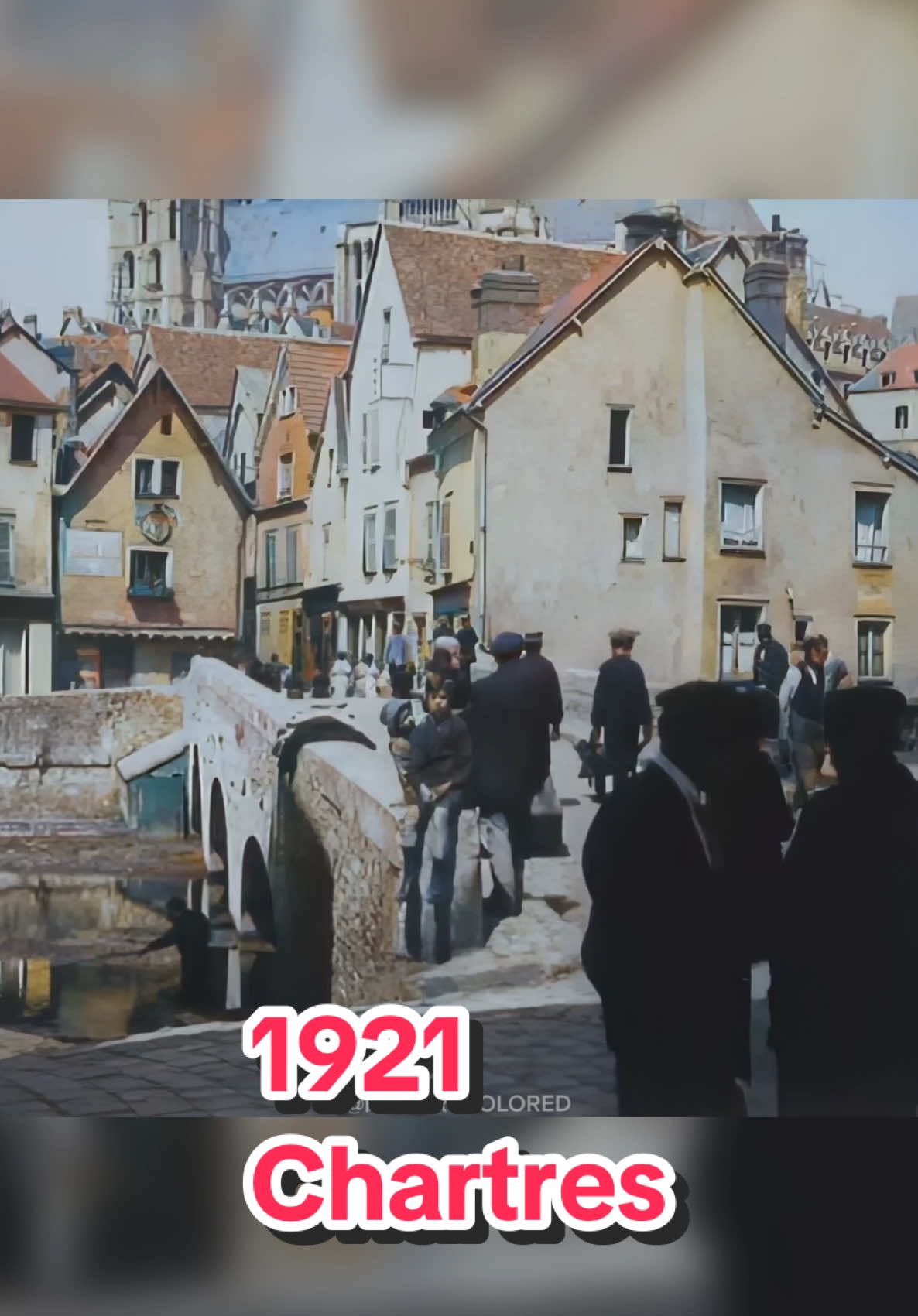 Restored footage from 1921 of people filmed near and walking across Pont Bouju (bridge) in Chartres, France. This was filmed in the Summer of 1921 by French camera operator Camille Sauvageot. - Footage frame rate increased, upscaled and “colorized” by HistoryColored using AI technology. - Footage originally from: Chartres , France La ville, Musée Albert Kahn, CC-BY 4.0 - #history #chartres #france #restored #historicalfootage