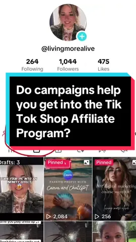 Question of the day! Do campaigns help you get into the TikTok shop affiliate program? #tiktopshopaffiliate #tiktokaffiliate #tiktokaffiliatemarketing #tiktokshop #tiktokaffiliatetips #tiktokstudio #tiktokshopforcreator #campaigns #FallDealsForYou #CozyCountdown #MomentForYou #register 