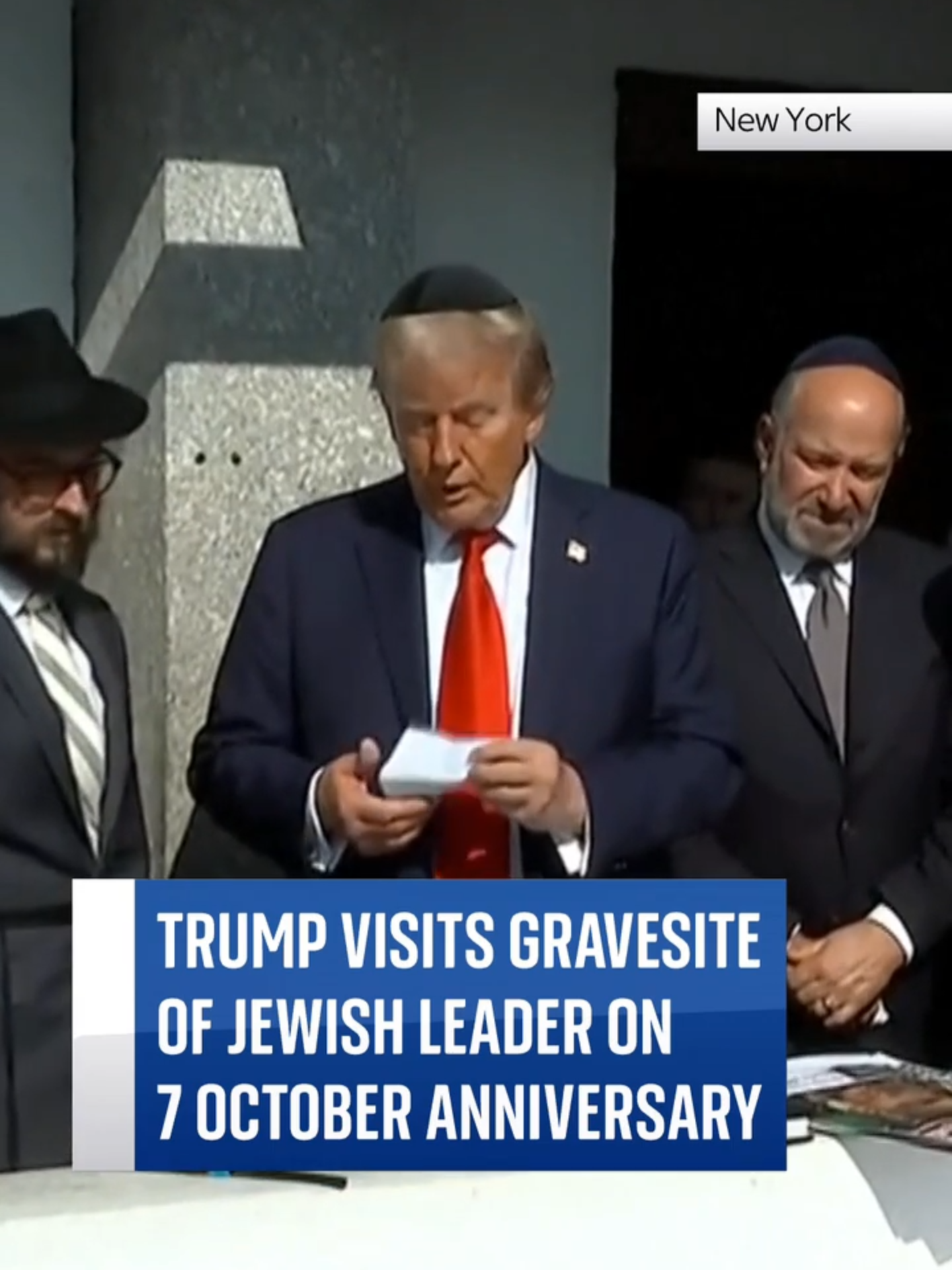 Former president Donald Trump visits the gravesite of an influential Jewish leader to mark the one year anniversary of the 7 October attacks. #skynews#DonaldTrump#October7