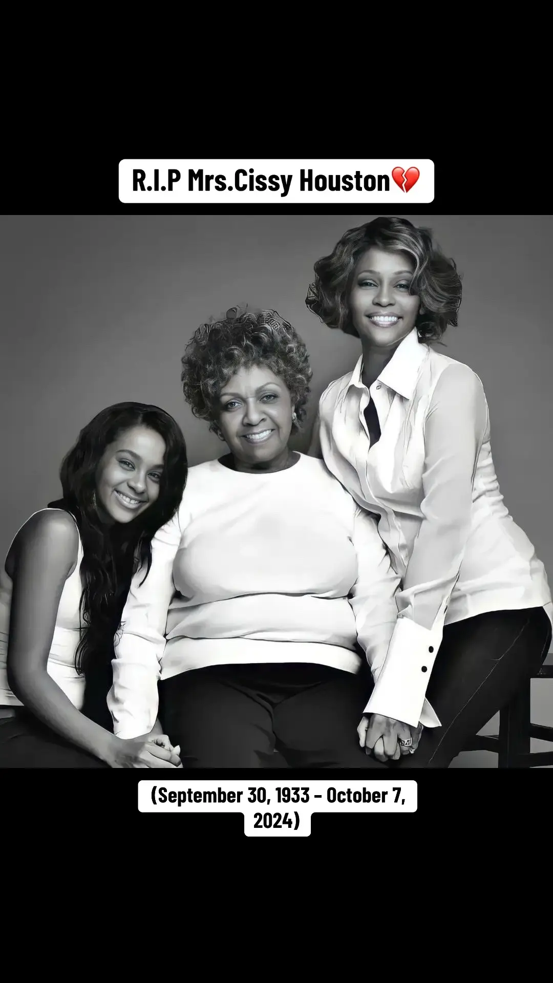 - On October 7, in her New Jersey home, not only a unique gospel singer, but also a loving mother and grandmother, Mrs. Cissy Houston, died... She was under a hospice care for her Alzheimer’s disease. You are already upstairs with your beloved daughter and granddaughter! We will always remember you. Rest in peace.🙏💔😭 TAGS🏷️ #whitneyhouston #whitney #nippy #cissyhouston #houston #rip #restinpiece #restinheaven #gospel #gospelsinger #classic #classicmusic #1933 #2024 #singer #actress #foryou #foryoupage #viral #xbyzca #bestofalltime #thegreatestofalltime #bestfemalesingerofalltime #thevoice #legend #rip #ripwhitneyhouston #ripcissyhouston #ripbobbikristina #explore #explorepage 