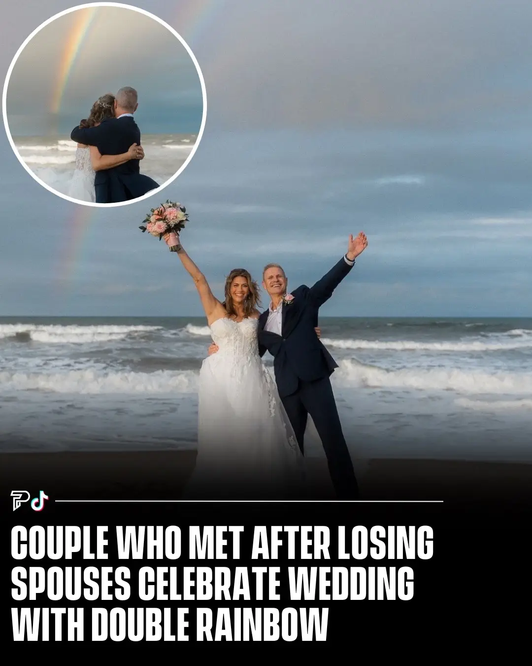 Michelle and Scott Ellermets’ wedding in North Carolina’s Outer Banks on September 7, 2024, became viral after a double rainbow appeared following their ceremony. 🌈💍 Both widowed in 2023, the couple met through a local grief group and formed a deep connection. Their story touched many as they embraced love again after loss. Their small beach wedding ended with a double rainbow, which they described as a blessing, symbolizing their new chapter together. #Pubity  (📸 by IG/@chels_schaefer)