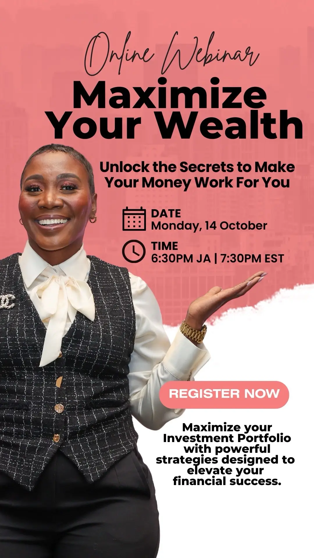 Want to know the secret to making your money work for you? Most people stash their money in “safe” investments with low returns or let it sit in bank accounts earning little to no interest. But if you want to build real wealth, you need to put that money to work. Join me on October 14th for an exclusive webinar where I’ll be sharing insider strategies to help you maximize your earnings and elevate your financial success. Imagine not having to work for every dollar you earn—make your money work for you through smart investing. Learn how to maximize your portfolio for greater returns. 📅 Date: Monday, October 14, 2024 ⏰ Time: 6:30pm JA Time | 7:30pm EST 🔗 Register: Link in bio