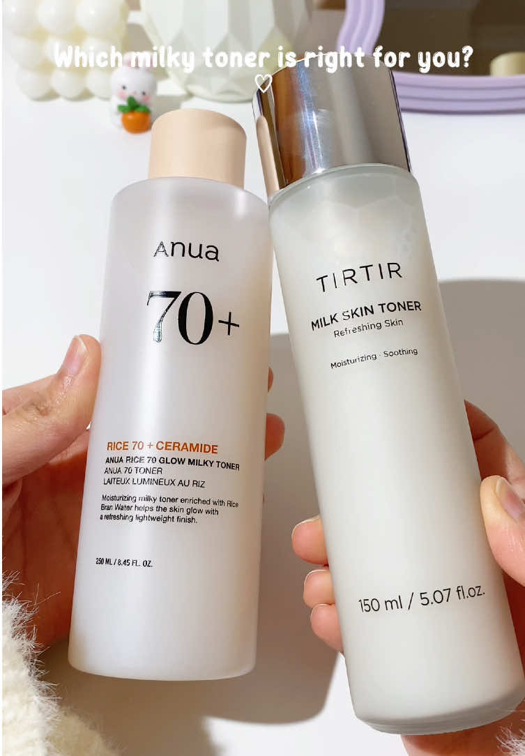 Which milky toner is right for you? 🤍  ♡ TIRTIR Milk Skin Toner (for dry skin) This toner has a milky consistency with a very subtle scent. A little definitely goes a long way with this. It deeply moisturised and hydrated my skin making it feel soft. However, I found that it left a weird film and that it wouldn’t absorb completely into my skin. 3/5 ♡ Anua Rice 70 Glow Milky Toner (for all skin types) This toner has a slightly viscous consistency that is cloudy with no scent. It feels lightweight but deeply nourishes my skin. It leaves behind a glowy finish making my skin look refreshed. Also, I love that it’s 250ml rather than 150ml like most toners. 5/5 What’s your pick? #skincare #skincarereview #kbeauty #kbeautyreview #kbeautyskincare #koreanskincare #milktoner #anuaricetoner #tirtirmilkskintoner #anua #tirtir #toner #koreantoner #milkytoners @anua_global 