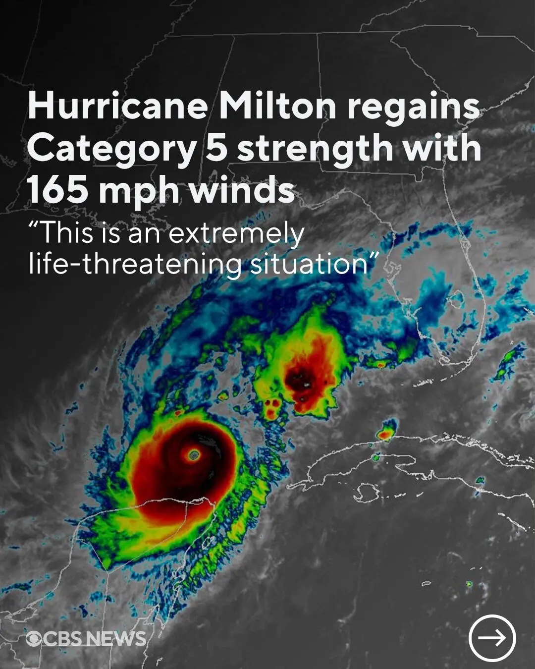 Hurricane Milton has regained enough strength to be classified as a Category 5, the National Hurricane Center said in its 5 p.m. ET update on Tuesday, warning Floridians in storm surge warning areas to evacuate immediately if told by officials. “There will likely not be enough time to wait to leave on Wednesday,” the forecasters warned, adding that even though the storm will fluctuate in strength before it makes landfall tomorrow, it will bring “catastrophic” and “extremely life-threatening” conditions. Get the latest updates at CBSNews.com. #hurricane #milton #hurricanemilton #florida #gulfcoast #tampa #tampabay #stpete #hurricaneseason 