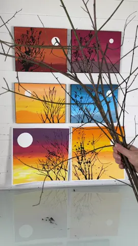 We finally tried the tree branch painting technique! What an adventure it was....here's what worked and some helpful tips if you try this at home. 🎨🍂 #howto #tipsandtricks #beginnerfriendly #paintingtutorial #paintingtips #acrylicpainting #artsandcrafts #DIY #diyideas #art #artist #tutorials  What you will need: ~Acrylic craft paint/ fluid acrylic ~Paint roller ~Cardboard/table covering ~Plant clippings, grasses and weeds to slap ~Canvas (I used 8x10 canvas and 12x12 taped cardstock) ~Round pouncer sponges Tips and tricks: 1. For smaller scale paintings use plants/weeds with branch like structures instead of larger wooden branches. They are more flexible and fit on smaller canvases. 2. Remove any leaves that might block the branch/stems from hitting the canvas. 3. Use a small paint roller to get an even coat of paint (you can use a brush too but it may be hard to get it on evenly!) 4. Make sure you have fluid acrylic not thick acrylic. I used craft acrylic and still watered it down.  5. Paint simple bright backgrounds. You want the contrast of the dark branches to pop out so I wouldn't paint many details in the landscape 6.  Splatter proof your painting area! 7. After splatting the branch use a small detail brush to 