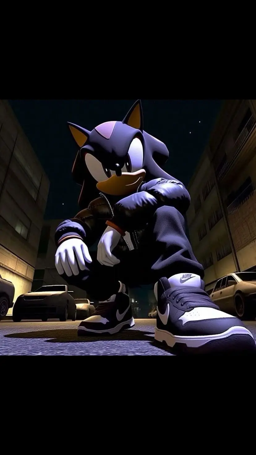 Shadow the Hedgehog from the Hit Franchise Sonic the Hedgehog on a lonely dark night squatting while remicining of the times he weilded firearms in order to battle the overwhelming evil of the realm with a smug expression on his face.