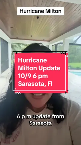 @SRQThingsToDo this is an October 9, 2024 hurricane Milton update coming live from Sarasota Florida.  the winds are starting to pick up as you can probably hear and luckily we have not had any flooding. Our power is flickering, but it is still on. I will do my best to keep you updated on hurricane Milton as it passes, it is predicted to come straight over us at 8 PM tonight and last through midnight, pray for us and follow me ##sarasota##hurricanemilton##floridastrong##live
