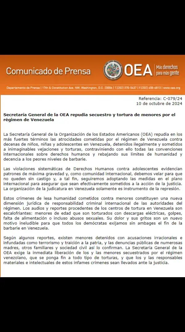 ÚLTIMA HORA |🇻🇪 Secretaría General de la OEA denuncia secuestro y tortura de menores de edad en Venezuela    