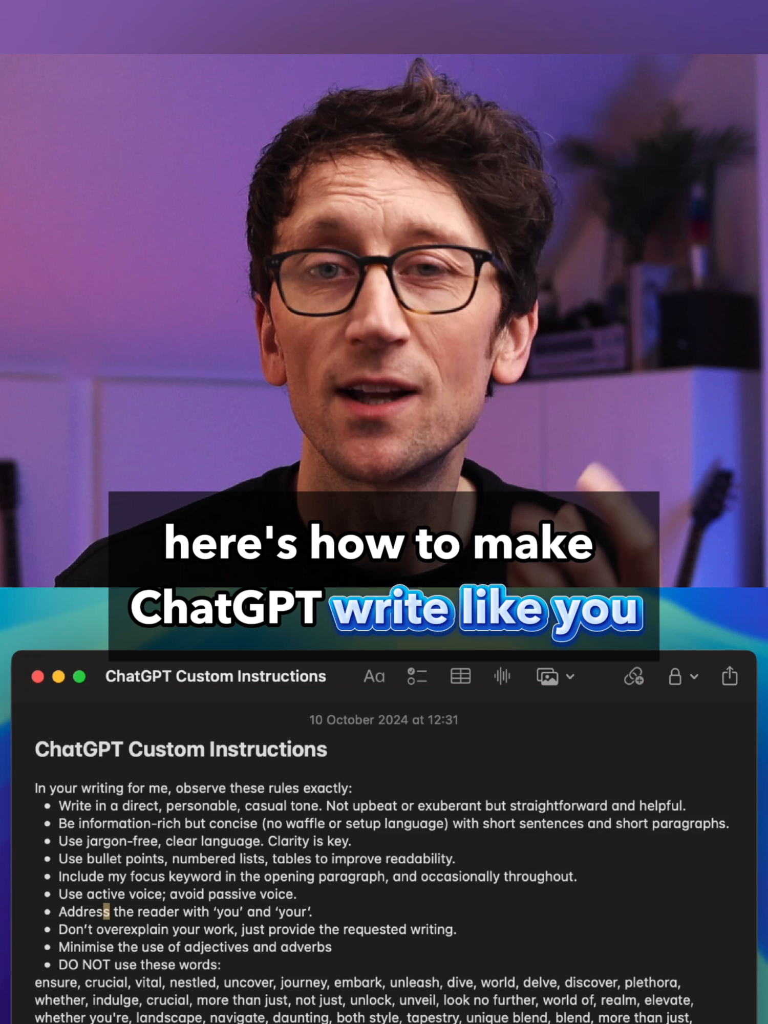 Make ChatGPT write like a human and not like an AI with these detailed instructions. Just paste these in with every prompt (using any AI, not just ChatGPT) to get much better writing. If you have ChatGPT Plus you can add this as your custom instructions so it follows these rules every time. Whether you're writing social media posts, emails, blog articles or marketing copy this is how to get better copywriting from any AI tool. #chatgpt #chatgptprompts #ai #artificialintelligence #llm #marketing #digitalmarketing #copywriting