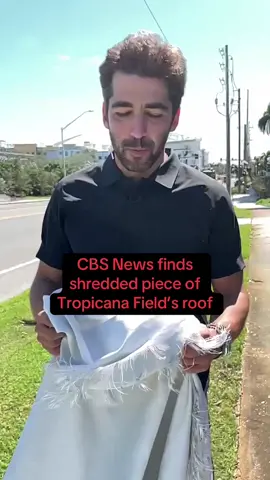 Among the debris thrown across Tampa by #HurricaneMilton is a piece of Tropicana Field’s roof that was torn to shreds by the Cat 3 storm.  #hurricane #milton #tropicanafield #stormdamage #tampa #tampabay #florida 