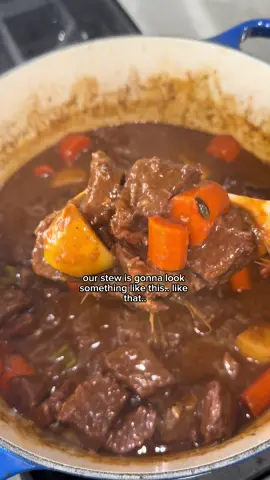 BEEF STEW SEASONINGS 3 lbs of beef stew meat and  1 tsp black pepper 2 tsp salt 1 tsp onion powder 1 tsp garlic powder 1 tsp paprika 2 TBSP worcestershire sauce 1/4 cup all purpose flour ADDITIONAL INGREDIENTS 1/4 cup chopped garlic 1/2 cup chopped onion 1/2 cup chopped celery 2 cup beef broth 2 TBSP tomato paste 1/2 cup red wine 1 TBSP beef bouillon paste 3-4 sprigs thyme leaves 2 bay leaves 3-4 carrots, cut large chunks 2-3 russet potatoes, cut large chunks Oil, for cooking 1. Season beef with all the ingredients listed under SEASONINGS. Then heat up some oil and sear your beef. Set beef aside. (Note: I seared my beef in 2 batches) 2. In the same pot, sauté 1/2 cup celery, 1/4 cup garlic and 1/2 cup onion. Sauté and scrape off any bits at the bottom of the pan 3. Add beef broth, tomato paste, red wine, beef bouillon paste, thyme and bay leaves. Combine well. 4. Add beef back in. Bring this to a boil, reduce heat to simmer and simmer for 1.5 hours.  5. After 1.5 hours, add carrots and potatoes. Cook until carrots and potatoes are fork tender.. about 10 minutes.  6. Serve with rice, mash potatoes or cheesy bread.