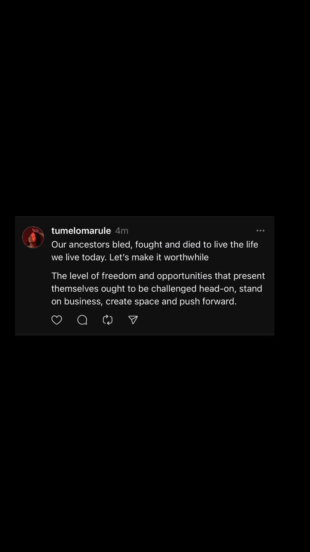 We live in a time where opportunities exist and many are chances are presensted to us to start over. Oh, how our ancestors would have grabbed at every chance to live the lives we live. Lets give this life the same energy and fighting strength as they would have  #ancestors #black #BlackTikTok #mzansi 