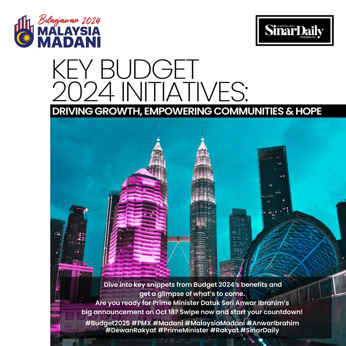 Let’s delve into the key highlights of Budget 2024, offering insights into the upcoming initiatives aimed at driving economic growth and enhancing national well-being.  As anticipation builds for Prime Minister Datuk Seri Anwar Ibrahim’s budget announcement on Oct 18, the nation is poised to gain deeper insights into the government's strategy for shaping the country's economic landscape. Swipe left ⏪️ to discover more!  #MalaysiaMADANI #EkonomiMADANI #Belanjawan2025 #Budget2025 #PMX #Madani #MalaysiaMadani #AnwarIbrahim #DewanRakyat #PrimeMinister #Rakyat #SinarDaily