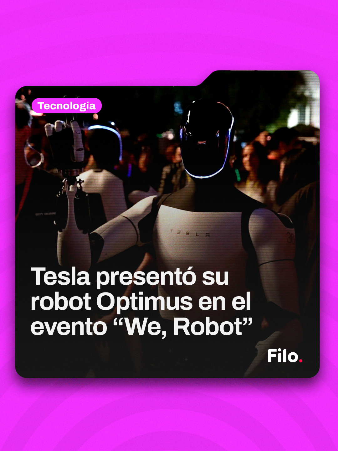 🤖 ¡Los robots Optimus participaron del evento de #Tesla! 👉 Elon Musk trajo esta nueva propuesta en su evento “We, Robot”, en los estudios Warner Bros. Allí, los robots humanoides sorprendieron a los asistentes participando de la organización. 🕺Los robots, que se encuentran aún en fase de desarrollo, fueron vistos bailando, sirviendo bebidas e incluso tomándose fotos con el público, lo que dejó en evidencia su gran capacidad motriz. 🚘 En este evento Musk también presentó dos nuevos vehículos: el #Cybercab, el primer “robotaxi” completamente autónomo que no cuenta con volante ni pedales, y también la #Robovan,  capaz de transportar hasta 20 personas. 🔜 En cuanto a la llegada de las maquinarias al mercado, el magnate anticipa su lanzamiento entre 2026 y 2027, con un precio que rondaría entre los 20.000 y los 30.000 dólares. 👀 ¿Y vos cómo te ves con un robot que te haga las compras? ⬇️ #Tecnología #WeRobot #ElonMusk #EEUU #FiloNews