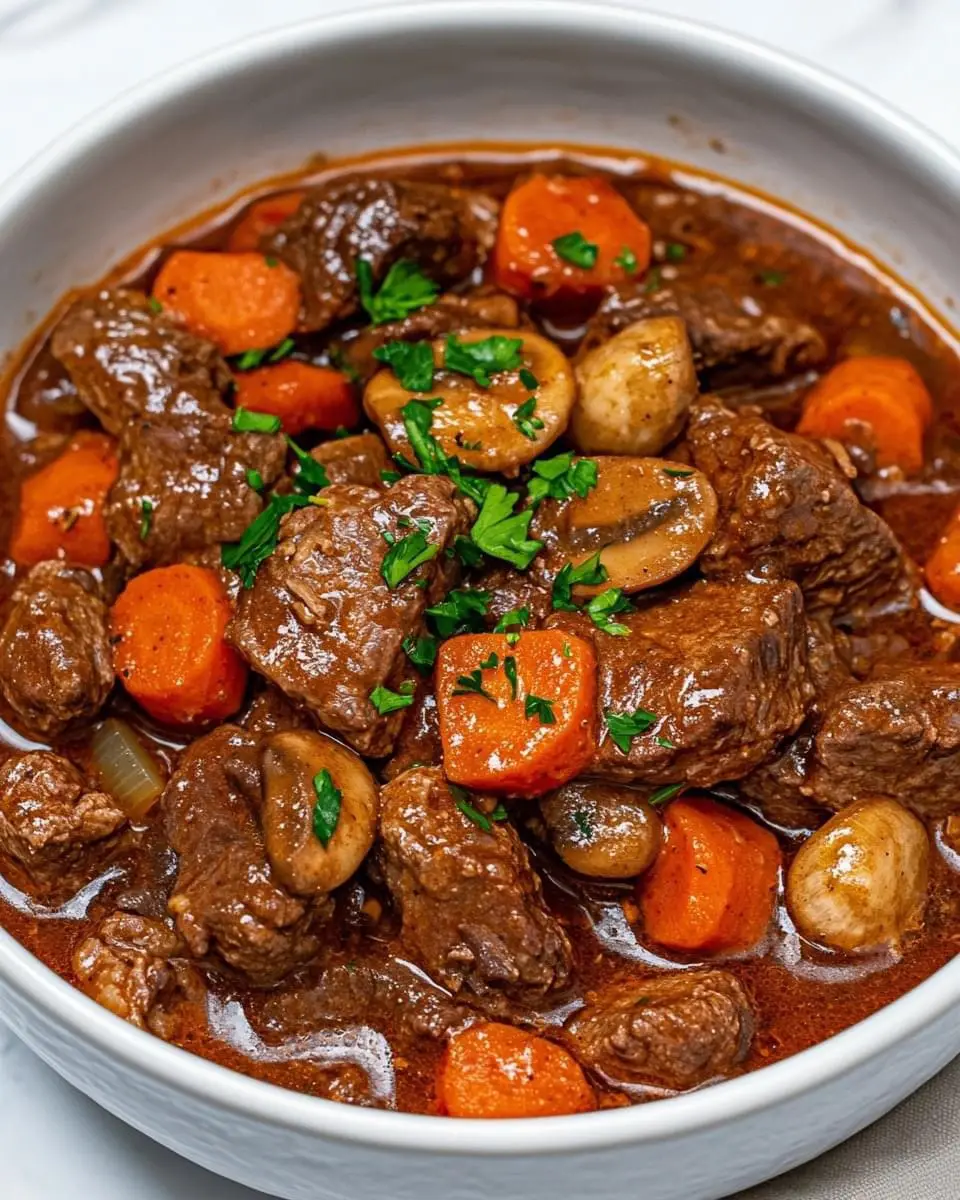 Beef Bourguignon  Ingredients: - 2 pounds beef chuck, cut into 1-inch cubes - 1 tablespoon olive oil - 1 medium onion, chopped - 2 carrots, sliced - 2 cloves garlic, minced - 2 cups beef broth - 1 cup grape juice - 2 tablespoons tomato paste - 1 teaspoon dried thyme - 2 bay leaves - 1 pound mushrooms, quartered - Salt and pepper to taste - Fresh parsley for garnish Instructions: 1. In a large pot, heat olive oil over medium-high heat. Add the beef cubes and sear on all sides until browned. You may need to do this in batches. 2. Remove the beef from the pot and set aside. In the same pot, add chopped onion, sliced carrots, and minced garlic. Sauté until the onions are translucent. 3. Return the seared beef to the pot, then add the beef broth, grape juice, tomato paste, thyme, and bay leaves. Stir well to combine. 4. Bring the mixture to a boil, then reduce the heat to low. Cover and let it simmer for about 1.5 to 2 hours, or until the beef is tender. 5. In the last 30 minutes of cooking, add the quartered mushrooms to the pot. Stir occasionally. 6. Season with salt and pepper to taste before serving. 7. Serve hot, garnished with fresh parsley. Notes: For a richer flavor, make the stew a day ahead and let it sit in the refrigerator overnight. Reheat it gently before serving. Pair it with crusty bread or mashed potatoes for a hearty meal!   Preparation time: 20 minutes | Cooking time: 2 hours | Total time: 2 hours and 20 minutes | Kcal: Approximately 350 per serving | Servings: 6 servings