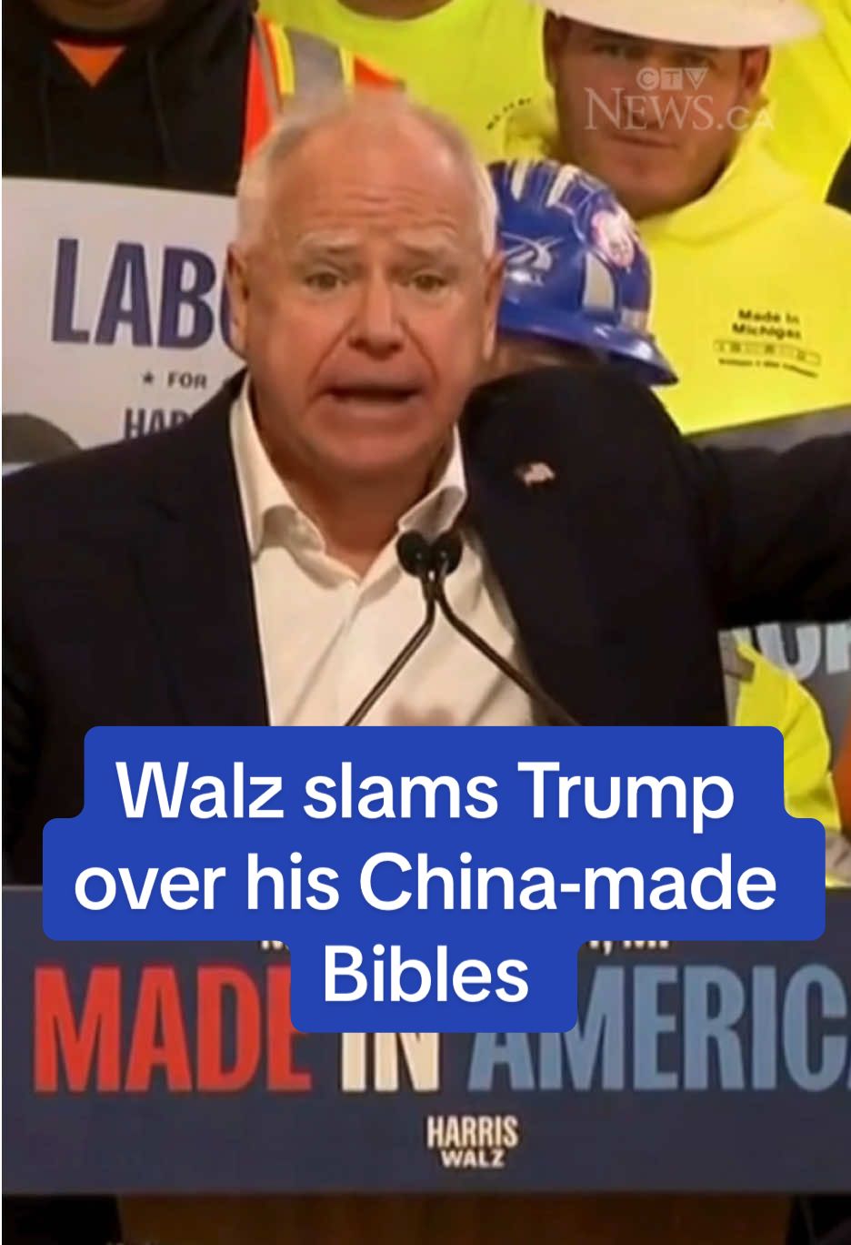 Democratic vice-presidential nominee Tim Walz mocked Donald Trump after a report found his 'God Bless the USA' Bibles were made in China. #timwalz #kamalaharris #donaldtrump #bible #election #usa #poltics #ctvnews 