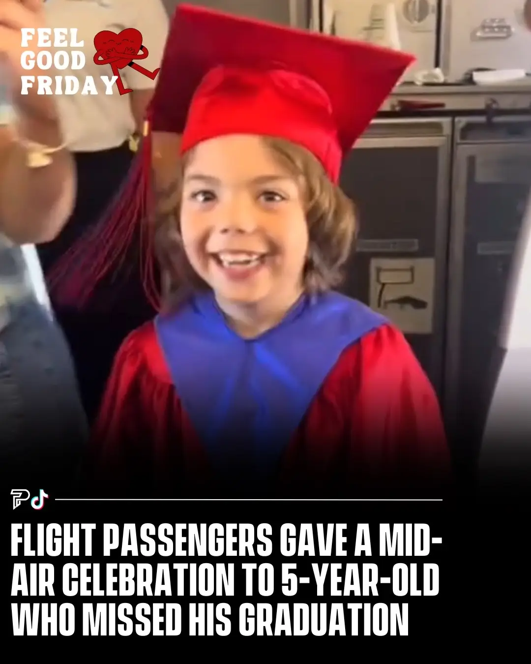 Five-year-old Xavier, who missed his kindergarten graduation due to travel, was surprised with an in-flight ceremony on a Frontier flight from Orlando to San Juan.  Dressed in a red cap and gown, he walked down the plane aisle to “Pomp and Circumstance” as passengers applauded and gave him high fives. A flight attendant announced the impromptu graduation over the PA system. Xavier’s mother, Janeiry Rivas, said he was thrilled and “beyond excited” by the celebration. #Pubity  (📸 by IG/xkids_mommy)