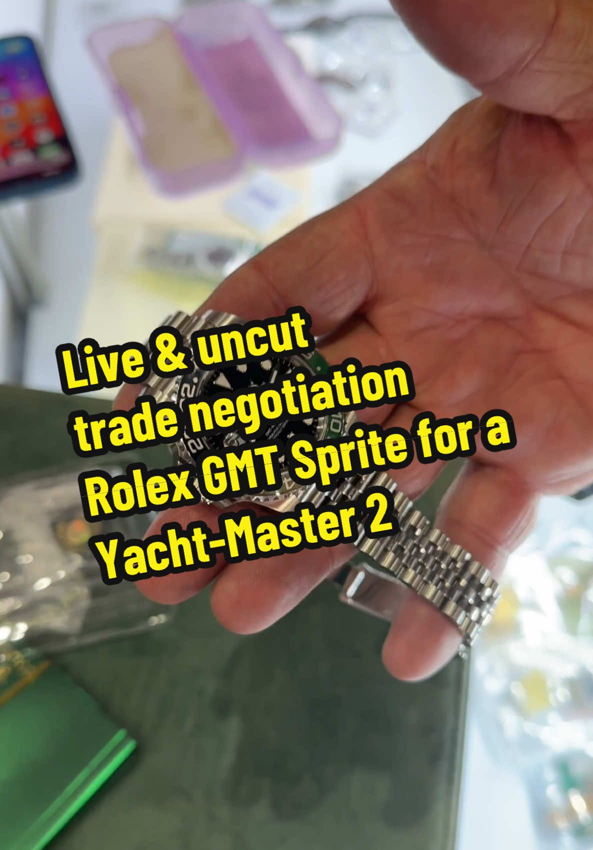 Still at the Barrett Jackson trade show, John works a trade deal between a Rolex GMT Sprite and a stainless steel Yacht-Master 2. Does the deal get done? #rolex #watches #business #entrepreneur #watchtok #foryou 