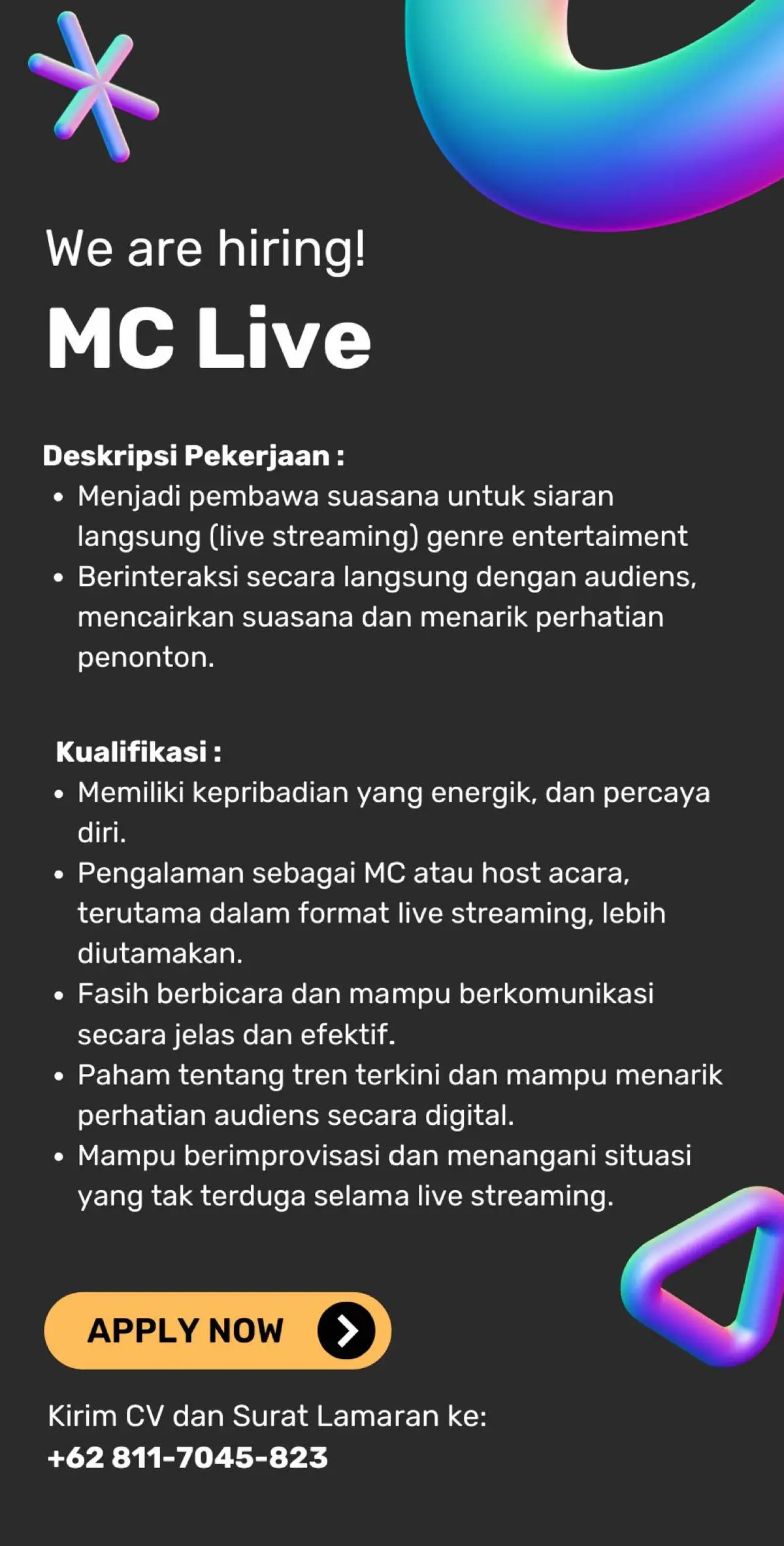 siapa nih yg mau bergabung dengan kita boleh langsung kirim cv aja ya guys